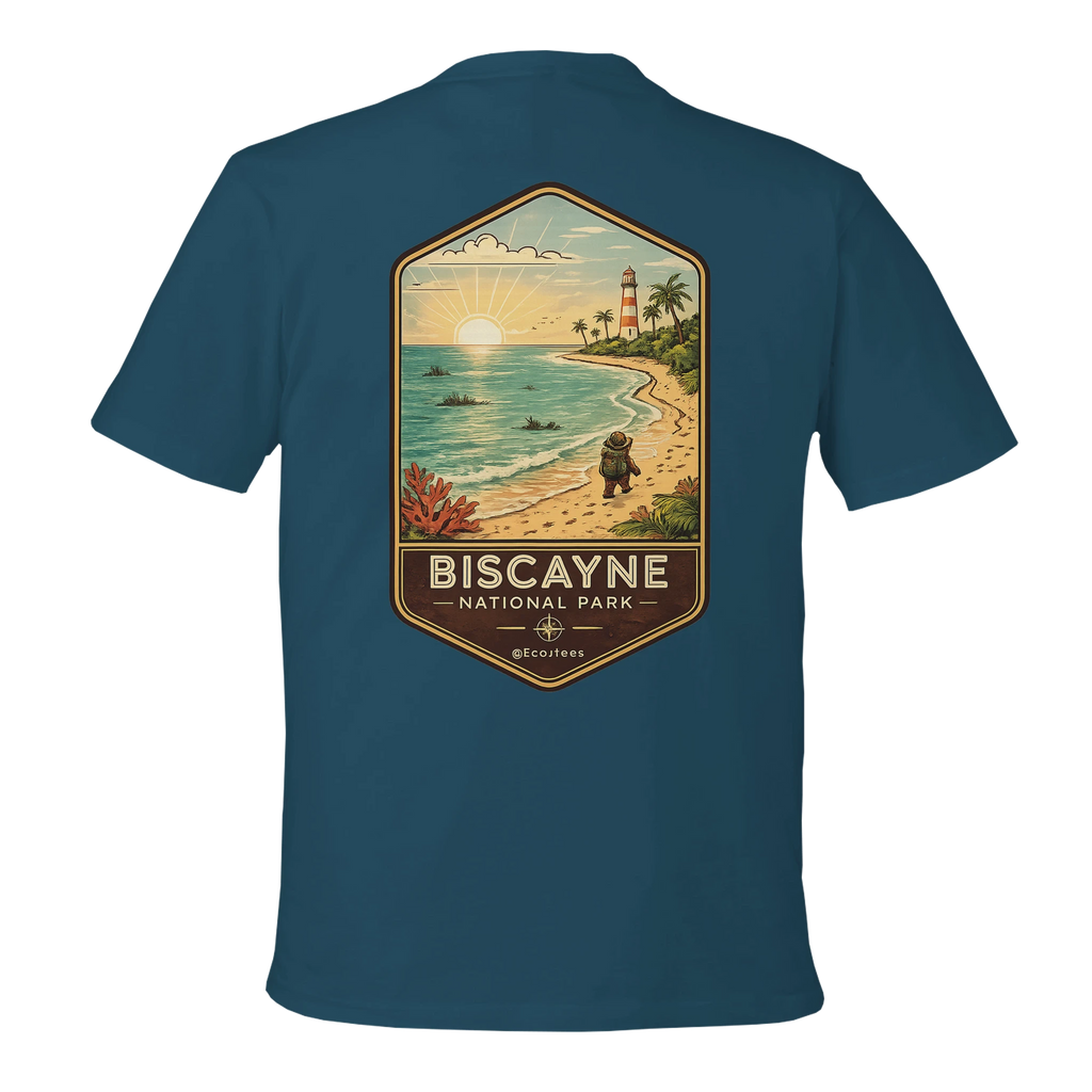 Teal t-shirt with Biscayne National Park graphic on a white background