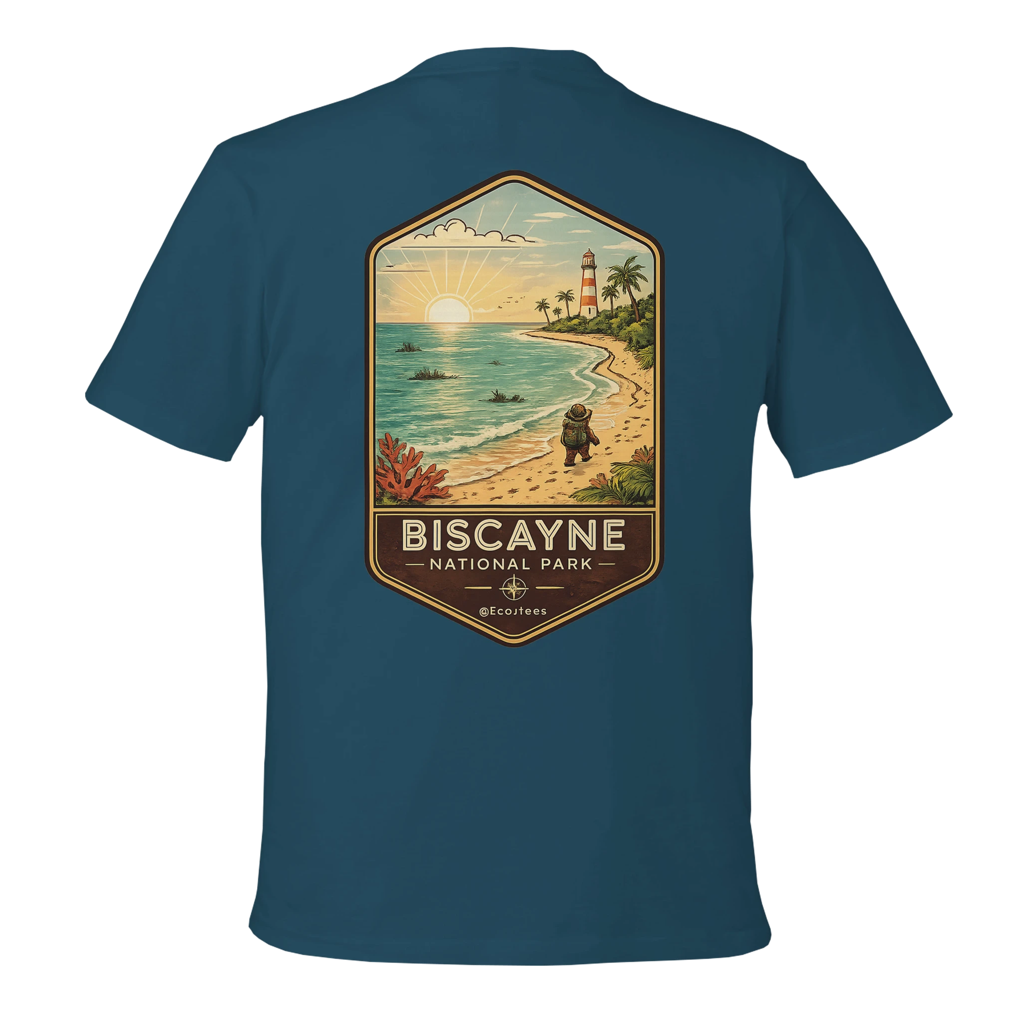 Teal t-shirt with Biscayne National Park graphic on a white background