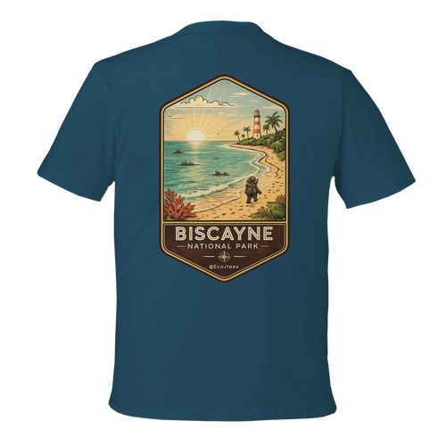 Teal t-shirt with Biscayne National Park graphic on a white background