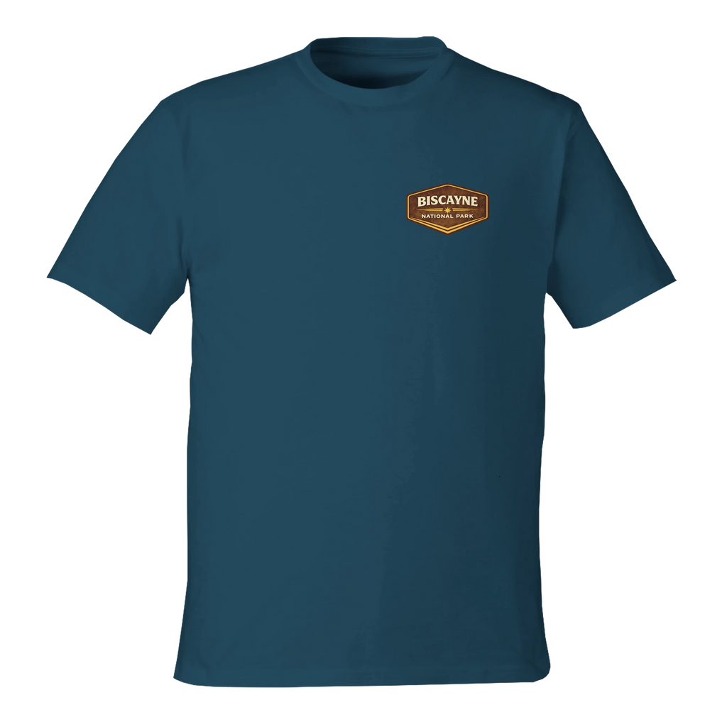 Blue t-shirt with a logo on the chest against a white background