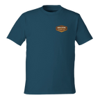 Blue t-shirt with a logo on the chest against a white background
