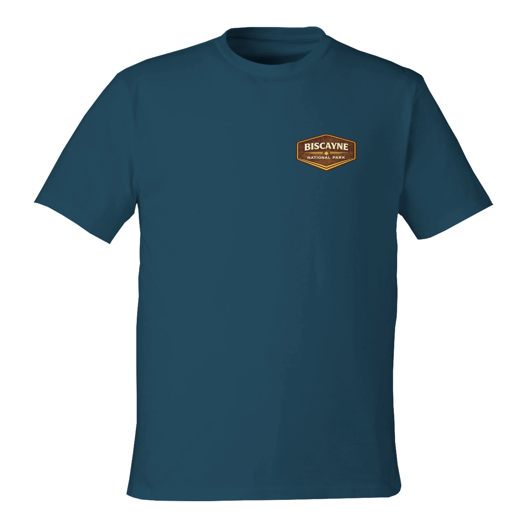 Blue t-shirt with a logo on the chest against a white background