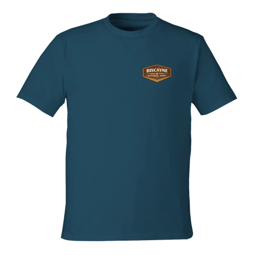 Blue t-shirt with a logo on the chest against a white background