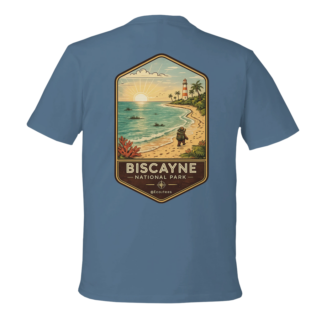 Blue t-shirt with a beach graphic and 'Biscayne National Park' text on the back.