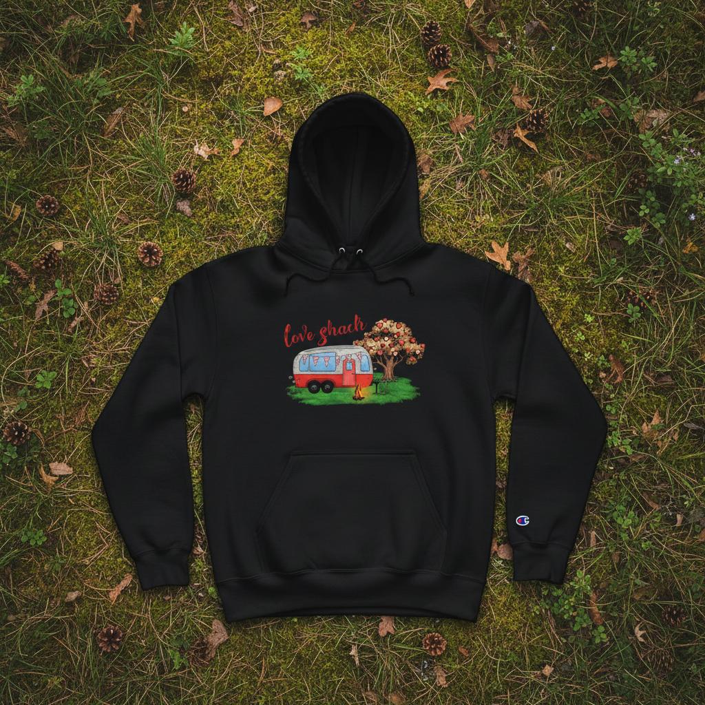 Black hoodie with a graphic design of a camper van and trees on grass