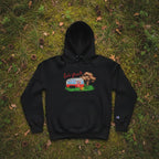 Black hoodie with a graphic design of a camper van and trees on grass