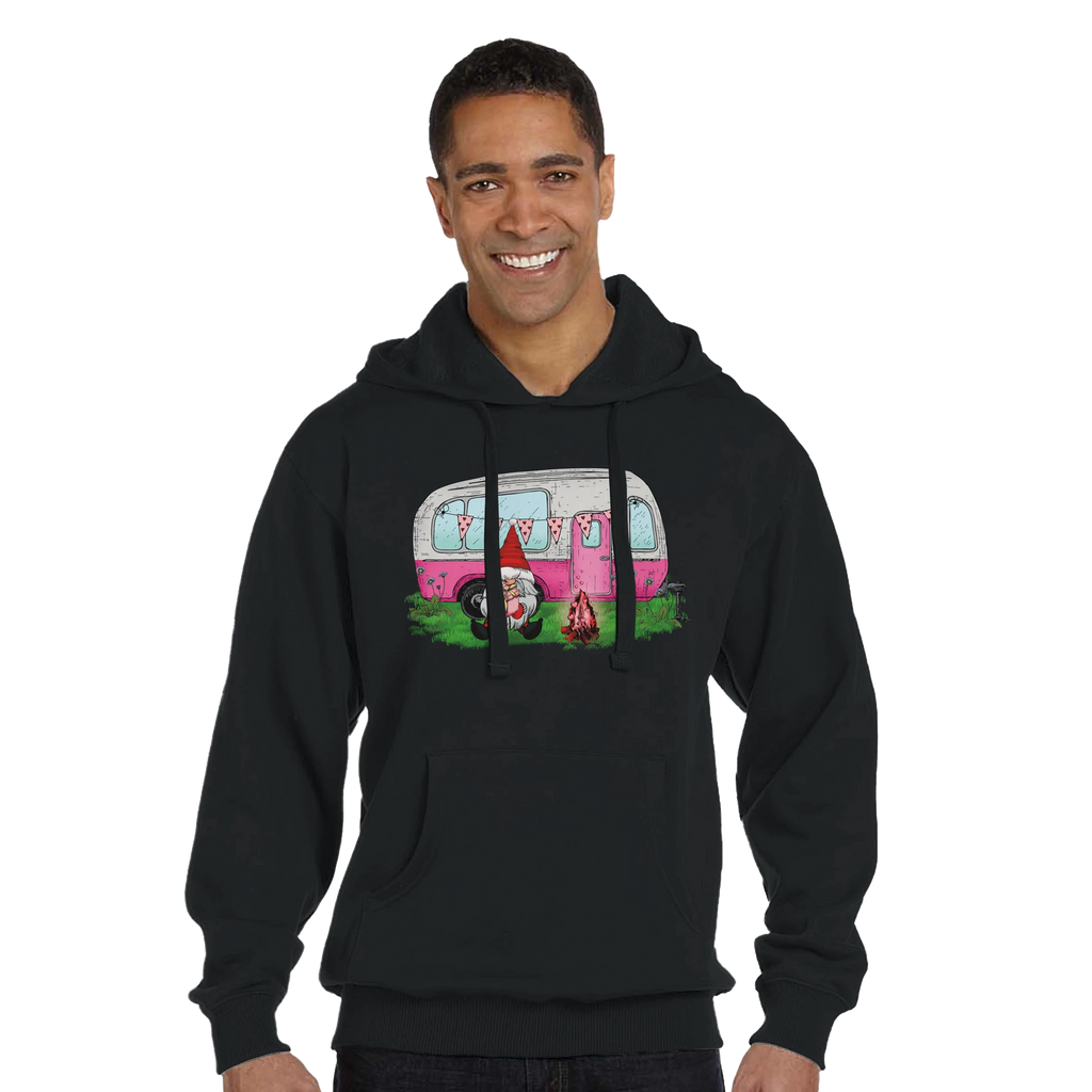 Man wearing a black hoodie with a pink camper design on a white background