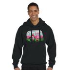 Man wearing a black hoodie with a pink camper design on a white background