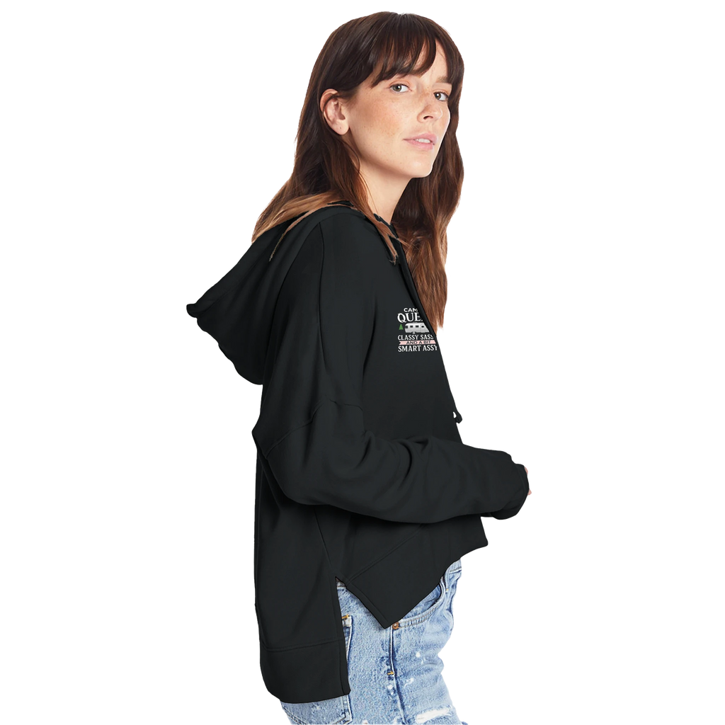 Person wearing a black hoodie with Camper Queen text and graphic on a white background
