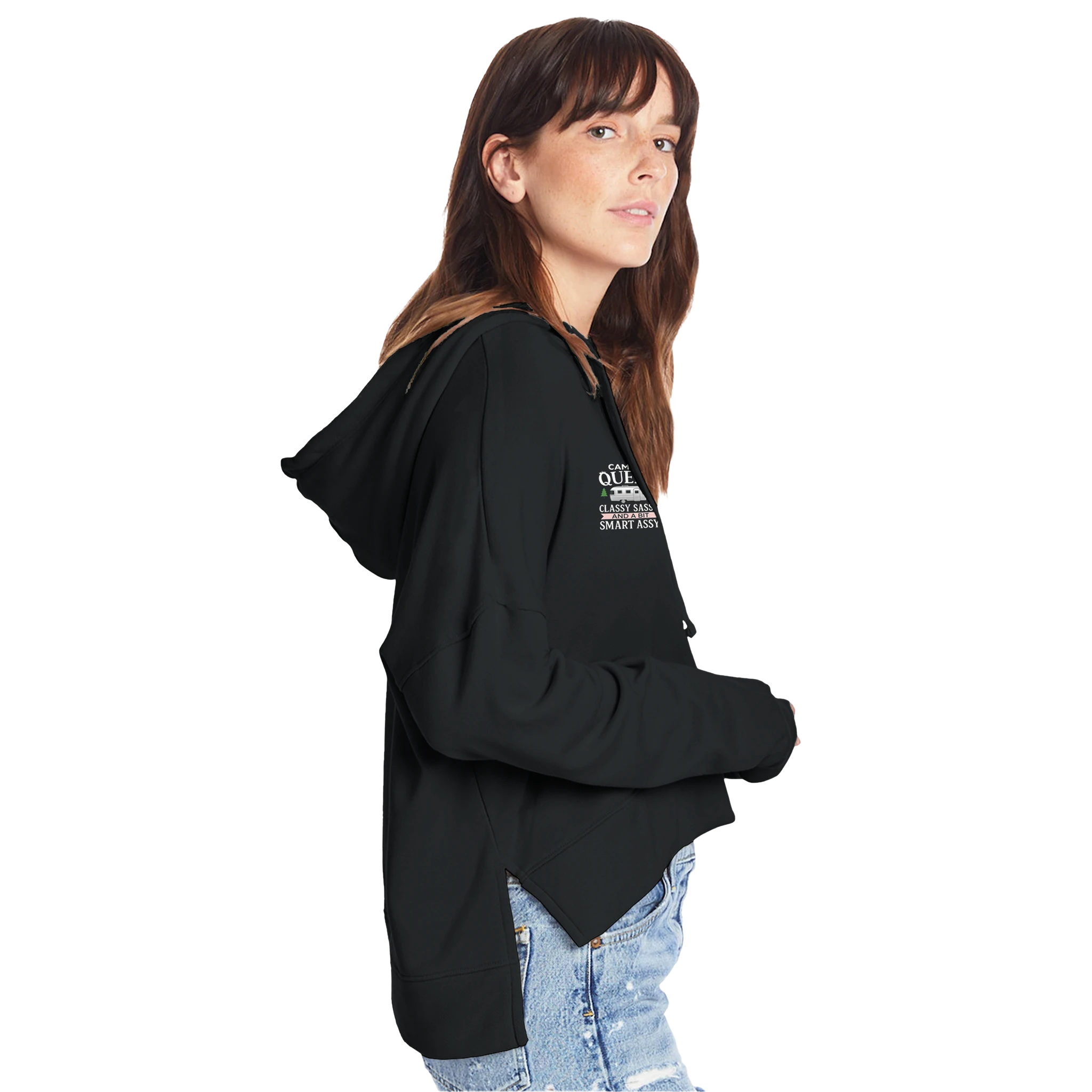 Person wearing a black hoodie with Camper Queen text and graphic on a white background