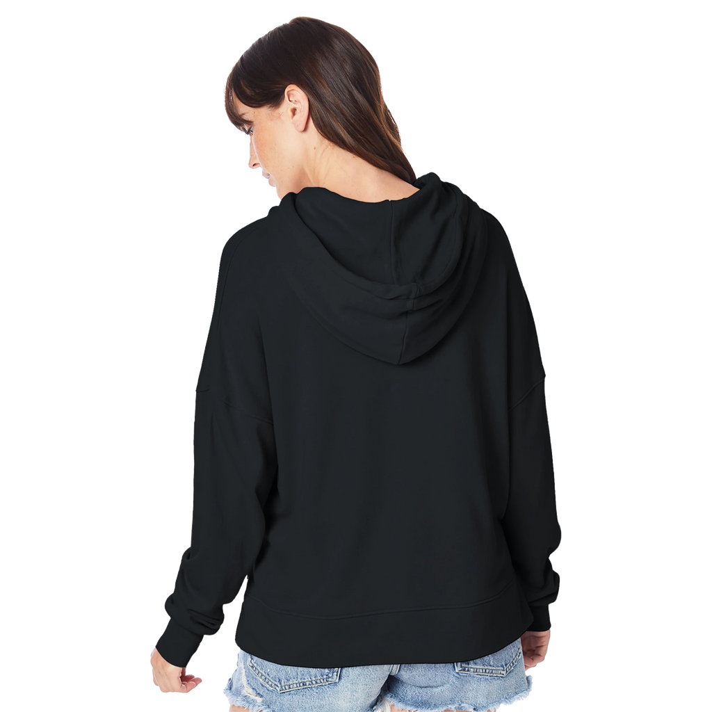 Person wearing a black hoodie from behind on a white background