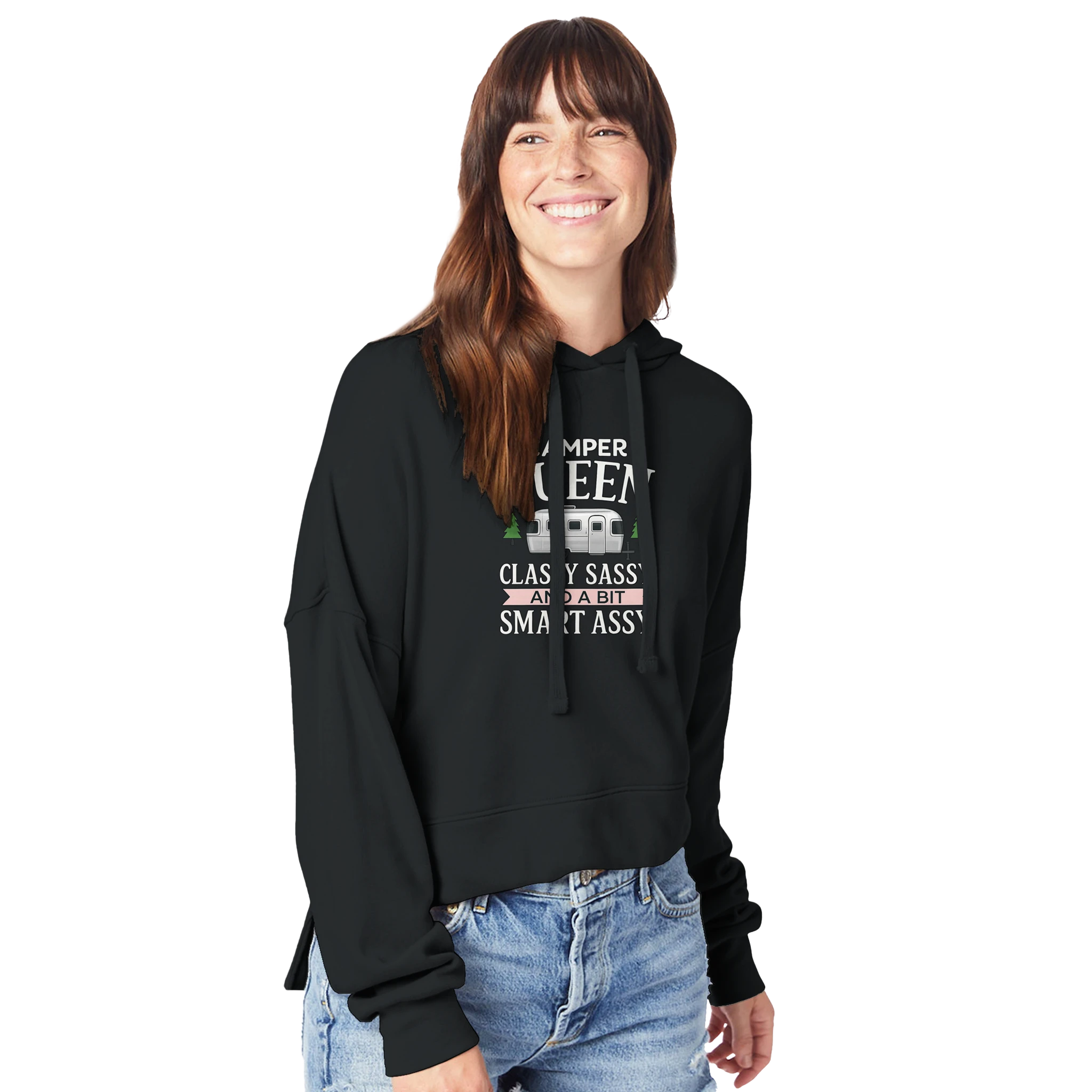 Woman wearing a black hoodie with Camper Queen text and graphics on a white background