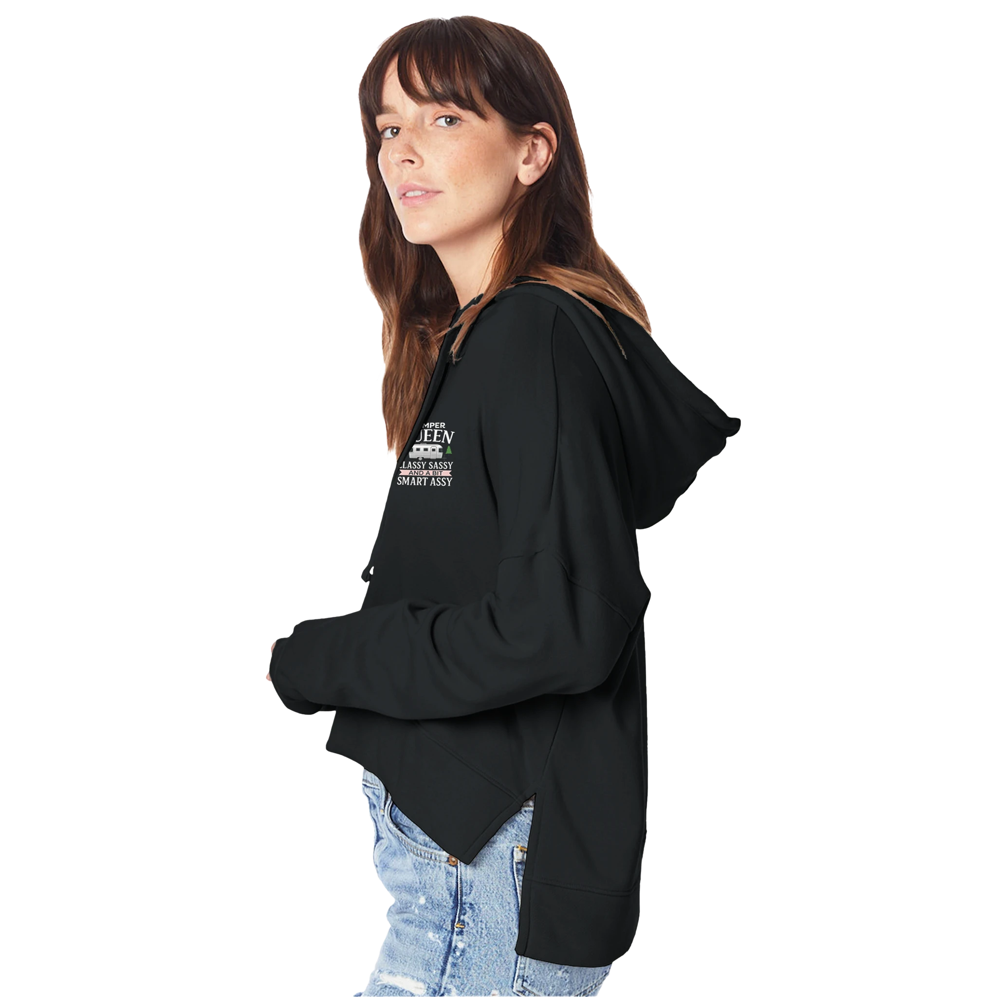 Side view of person wearing a black hoodie with Camper Queen text and graphic against a white background