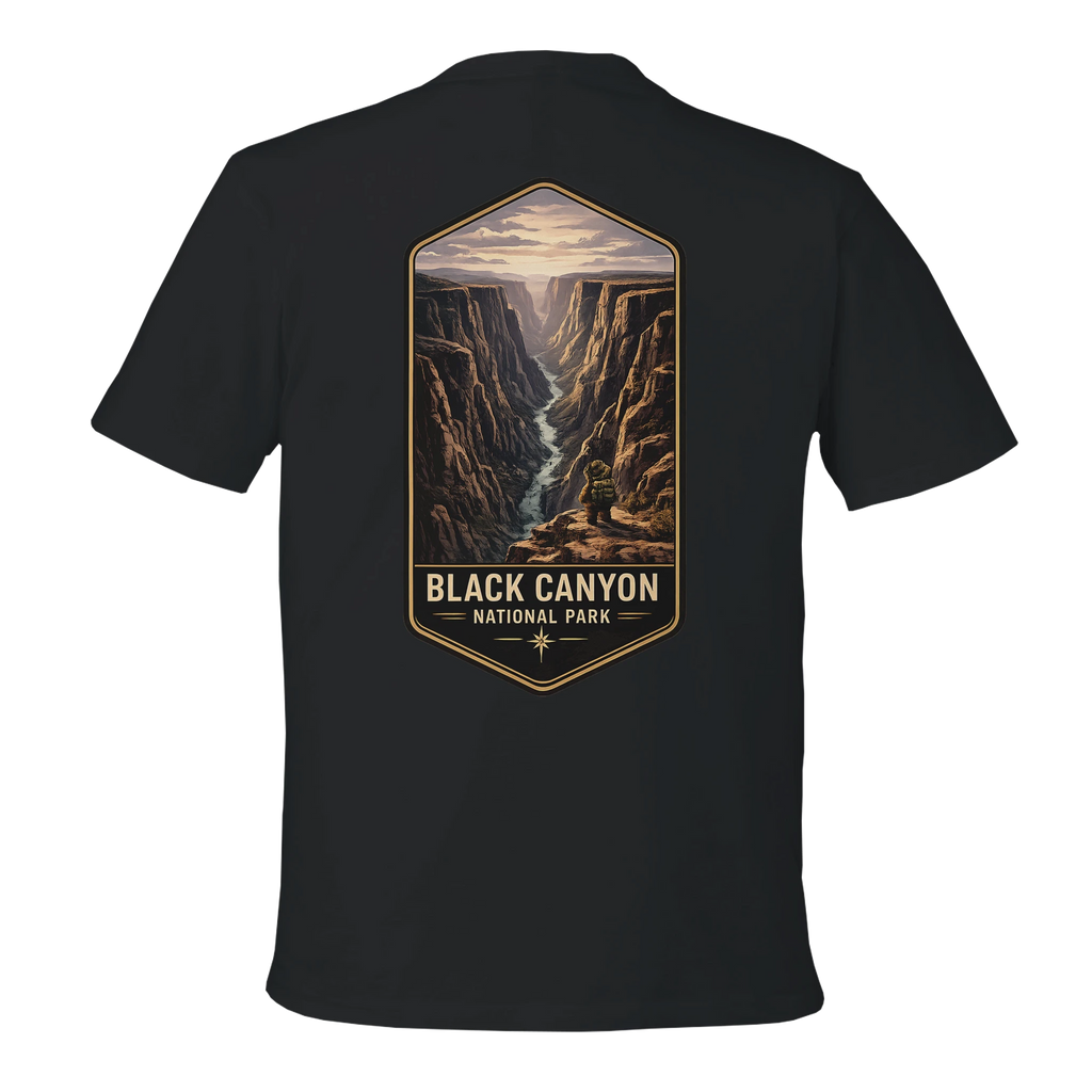 Black t-shirt with a graphic of Black Canyon National Park on the back