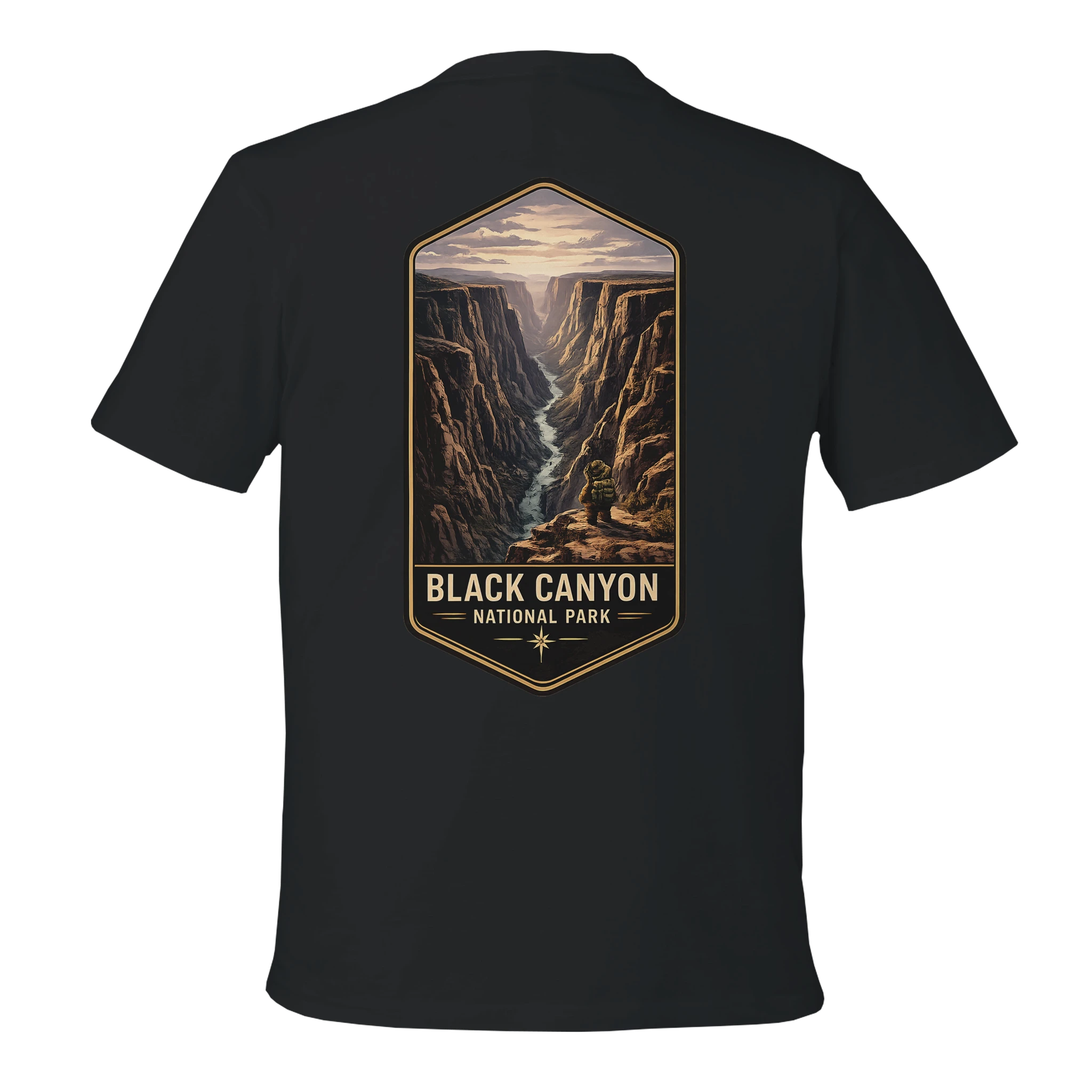 Black t-shirt with a graphic of Black Canyon National Park on the back