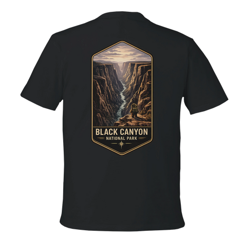 Black t-shirt with a graphic of Black Canyon National Park on the back