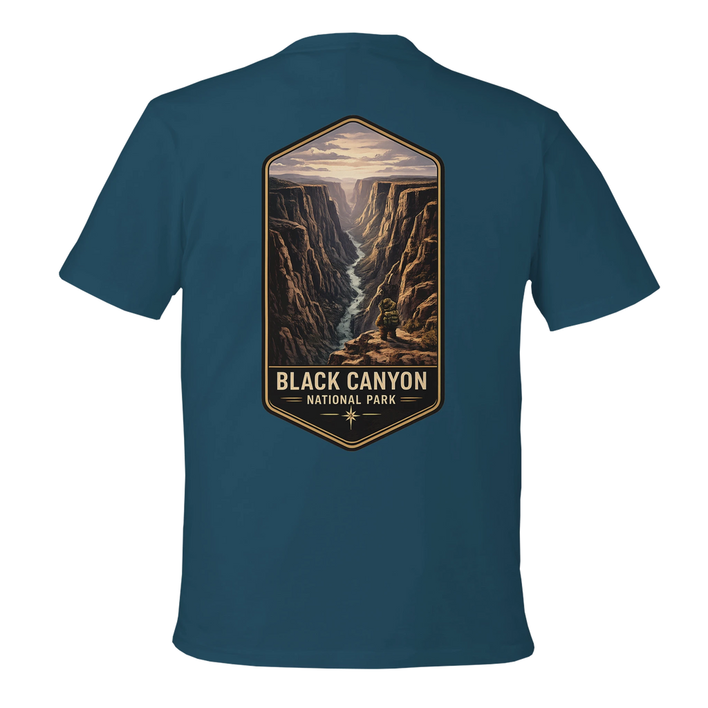 Teal t-shirt with Black Canyon National Park graphic on the back