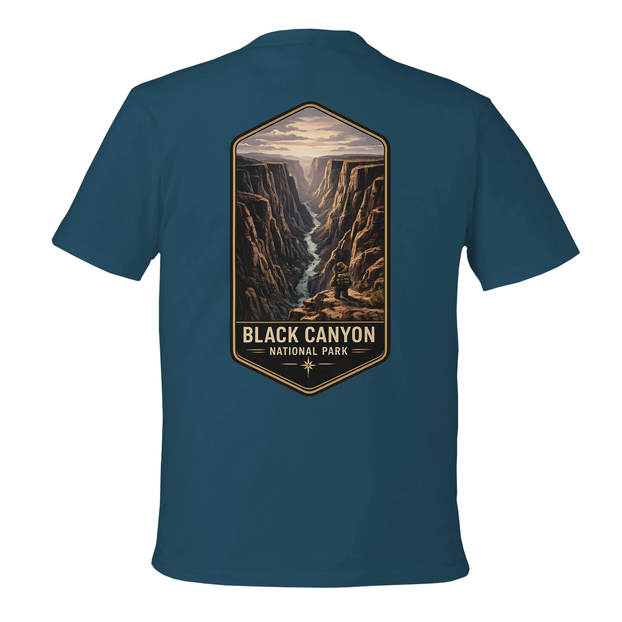 Teal t-shirt with Black Canyon National Park graphic on the back