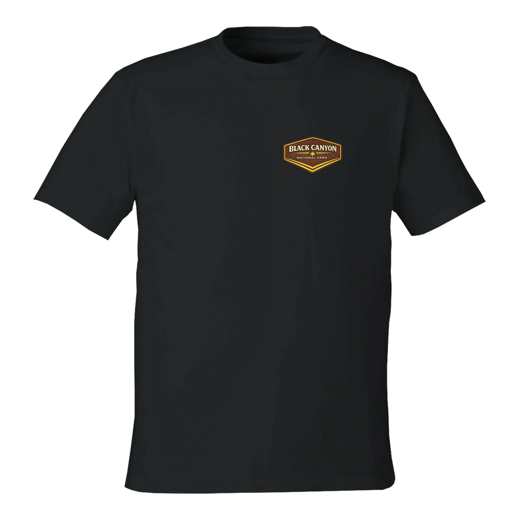 Black t-shirt with a logo on the chest against a white background