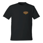 Black t-shirt with a logo on the chest against a white background