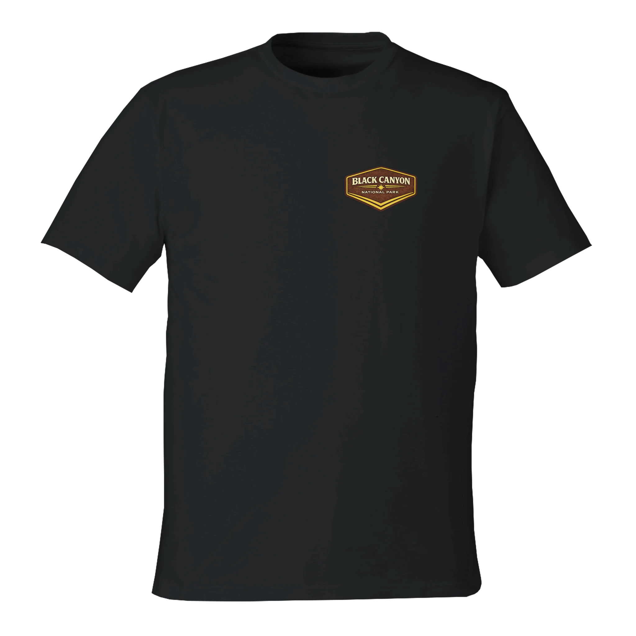 Black t-shirt with a logo on the chest against a white background