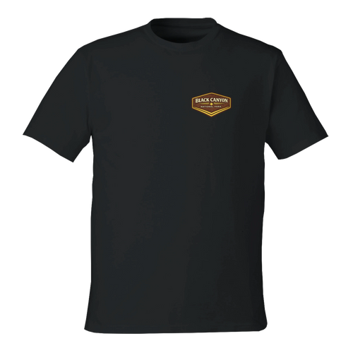 Black t-shirt with a logo on the chest against a white background