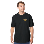 Man wearing a black t-shirt with a logo on a white background