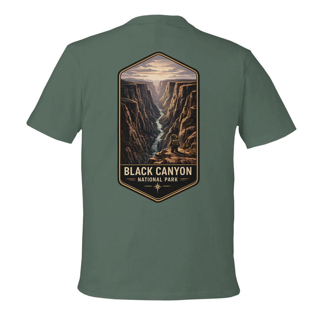 Green t-shirt with Black Canyon National Park graphic on the back