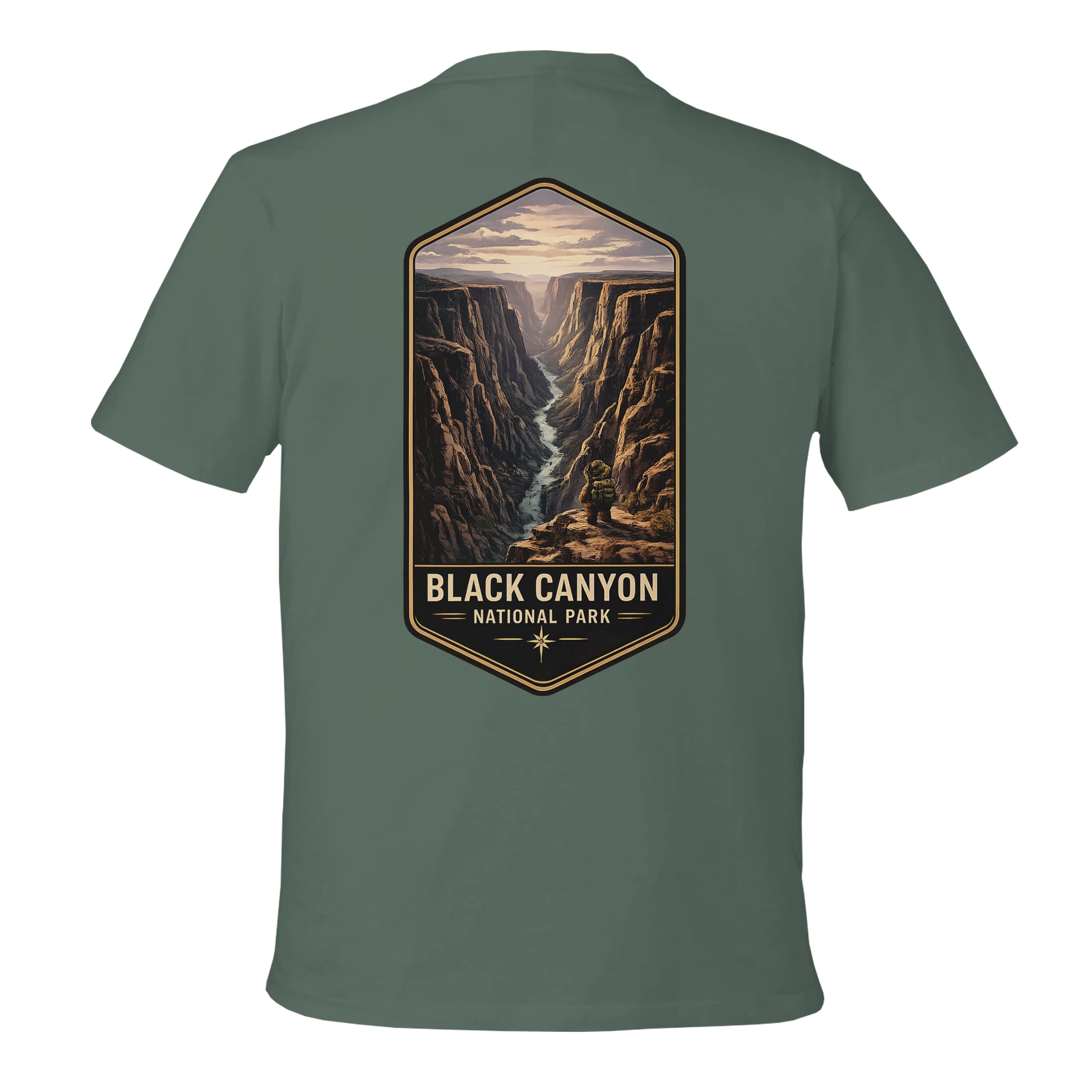 Green t-shirt with Black Canyon National Park graphic on the back