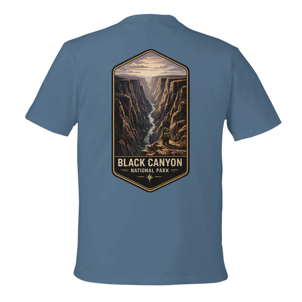 Blue t-shirt with Black Canyon National Park graphic on the back