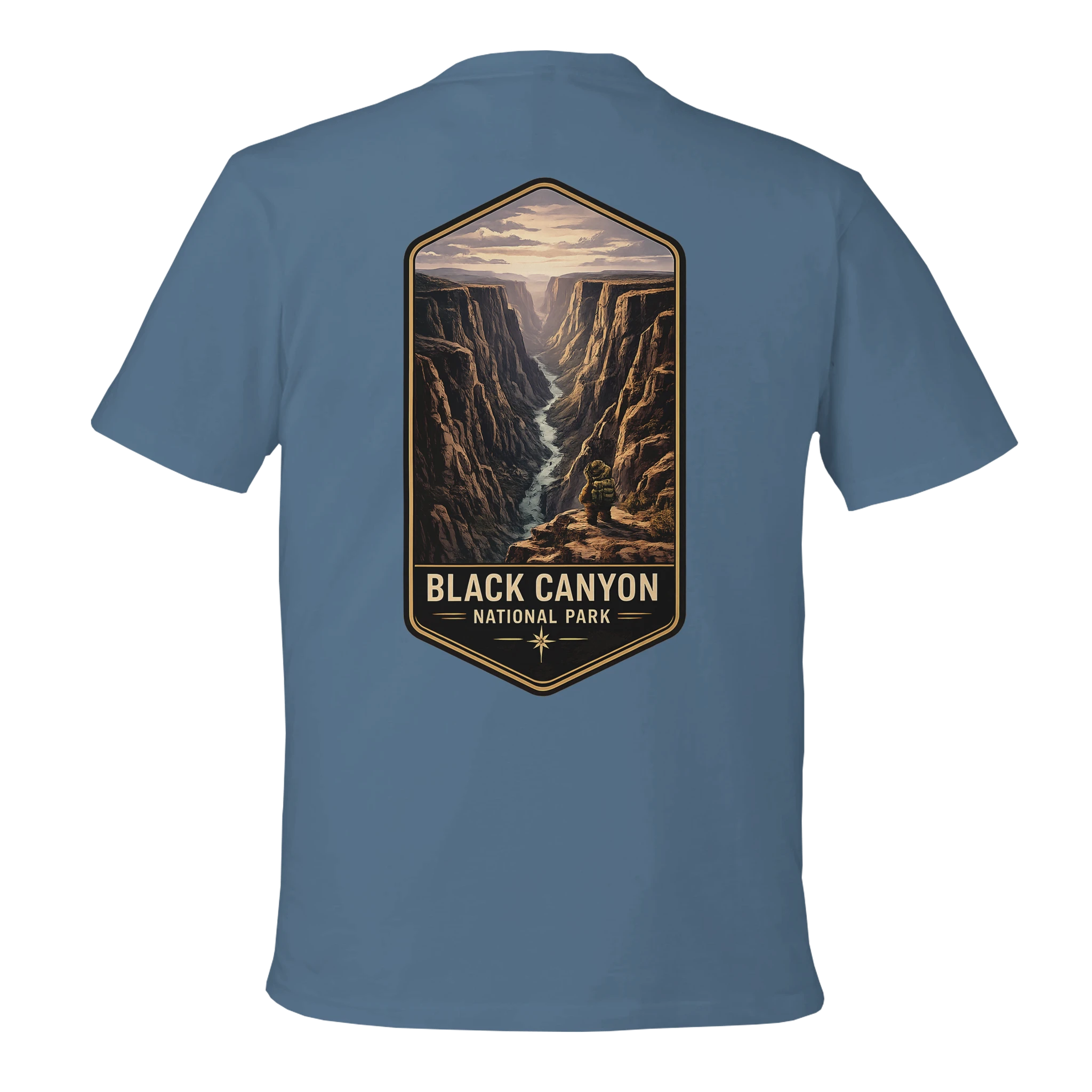 Blue t-shirt with Black Canyon National Park graphic on the back