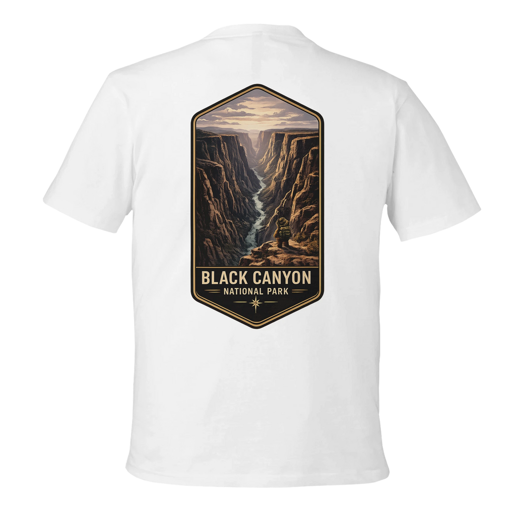 White t-shirt with a 'Black Canyon National Park' graphic on the back against a white background