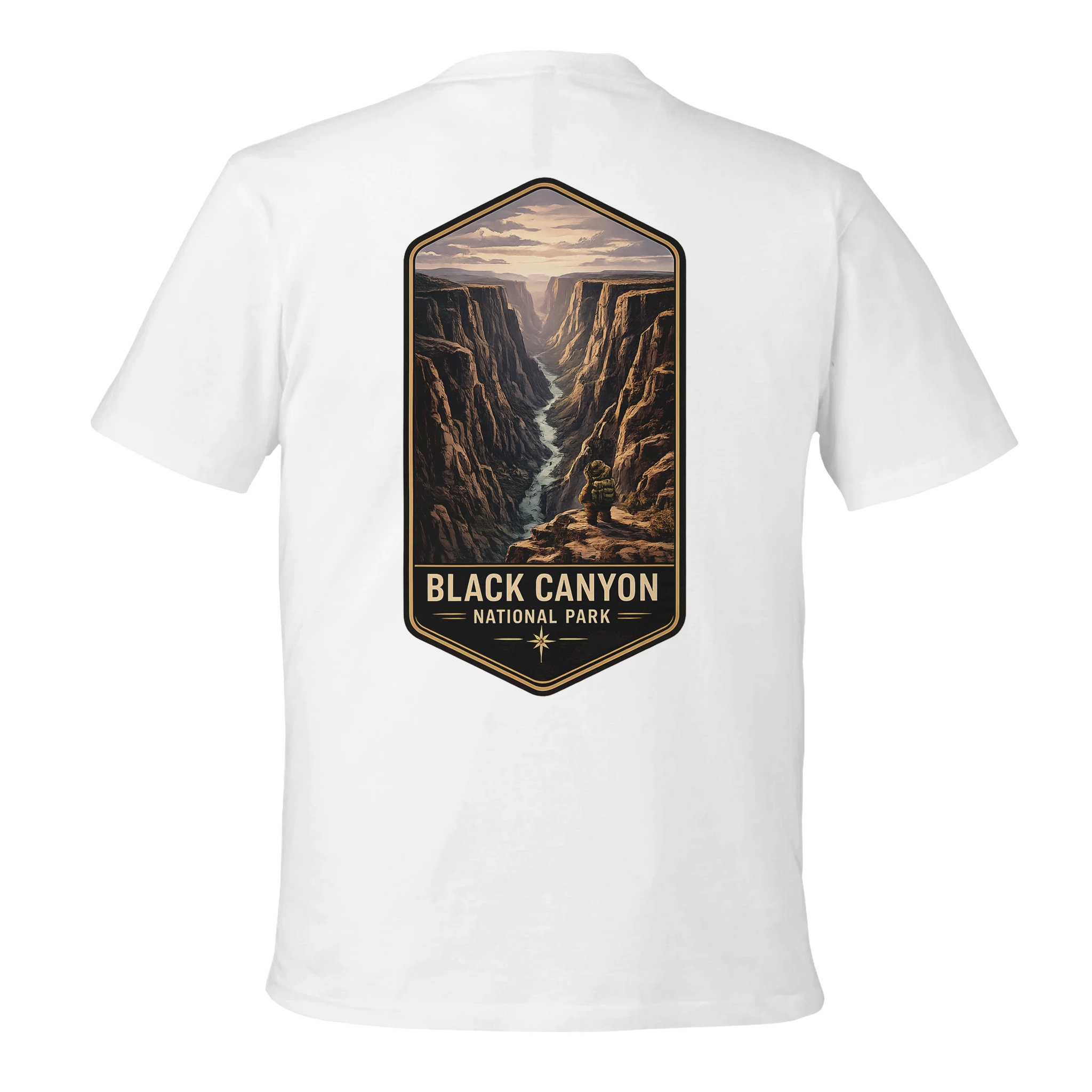 White t-shirt with a 'Black Canyon National Park' graphic on the back against a white background