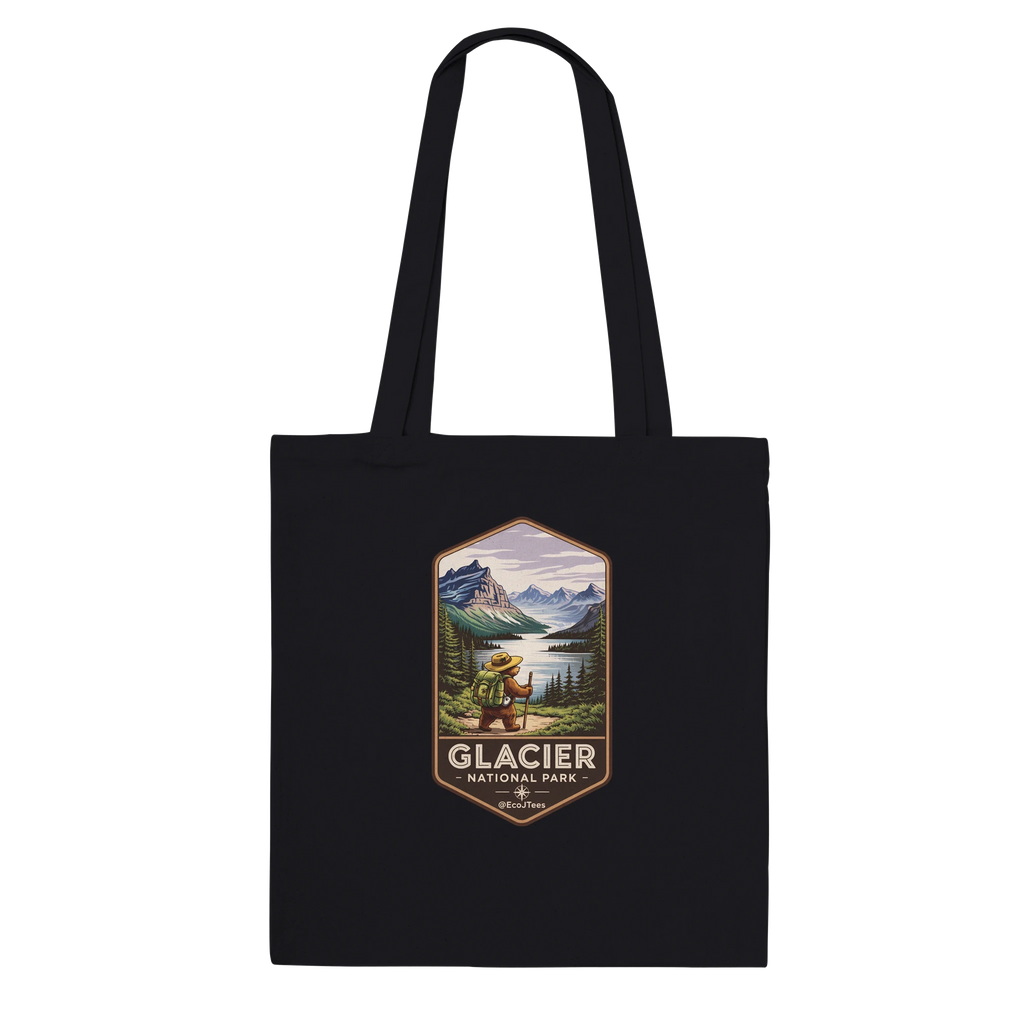 Black tote bag with Glacier National Park design on a white background