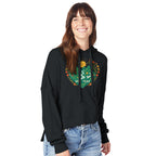 Woman wearing a black hoodie with colorful design on a white background