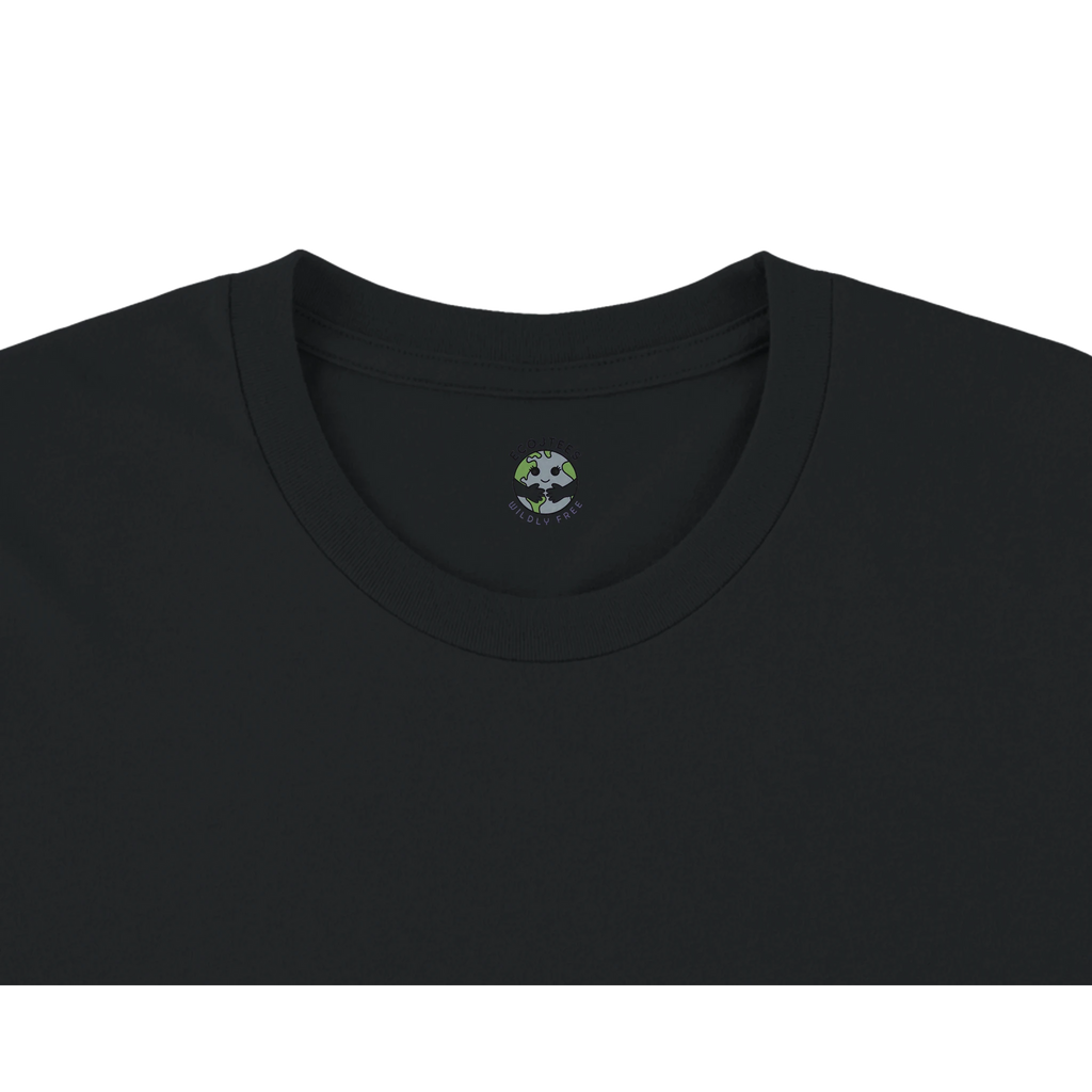 Black t-shirt with a small logo on the chest against a white background