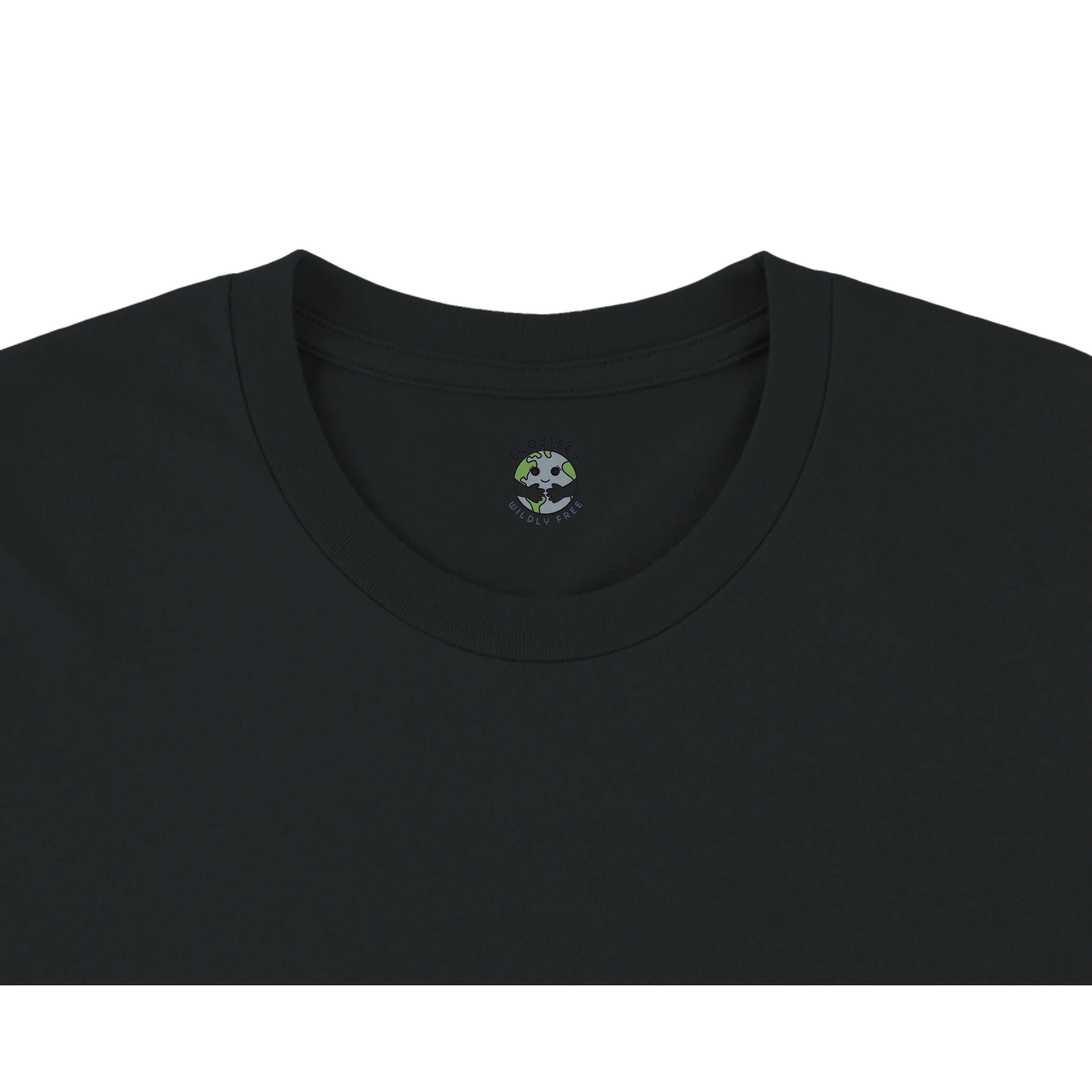 Black t-shirt with a small logo on the chest against a white background