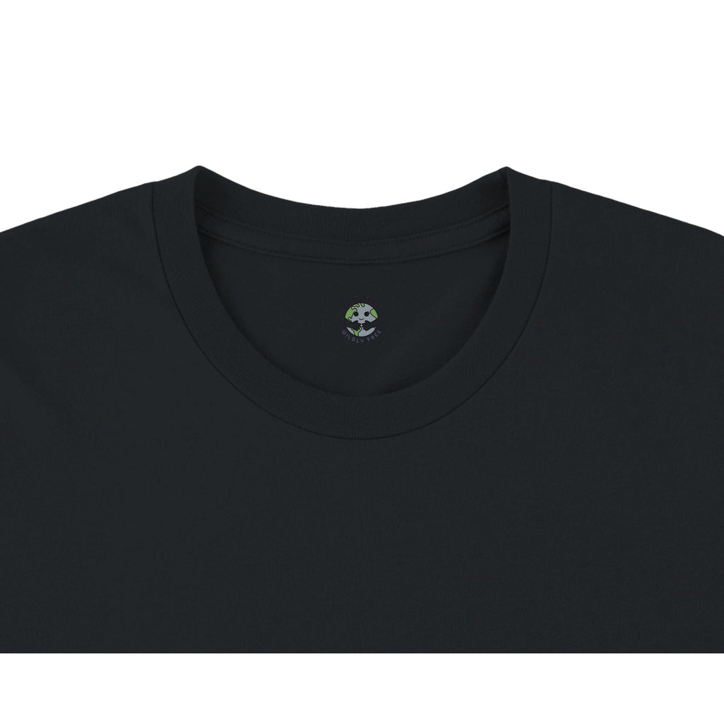 Black t-shirt with an EcoJTees logo on the collar against a white background