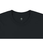 Black t-shirt with an EcoJTees logo on the collar against a white background