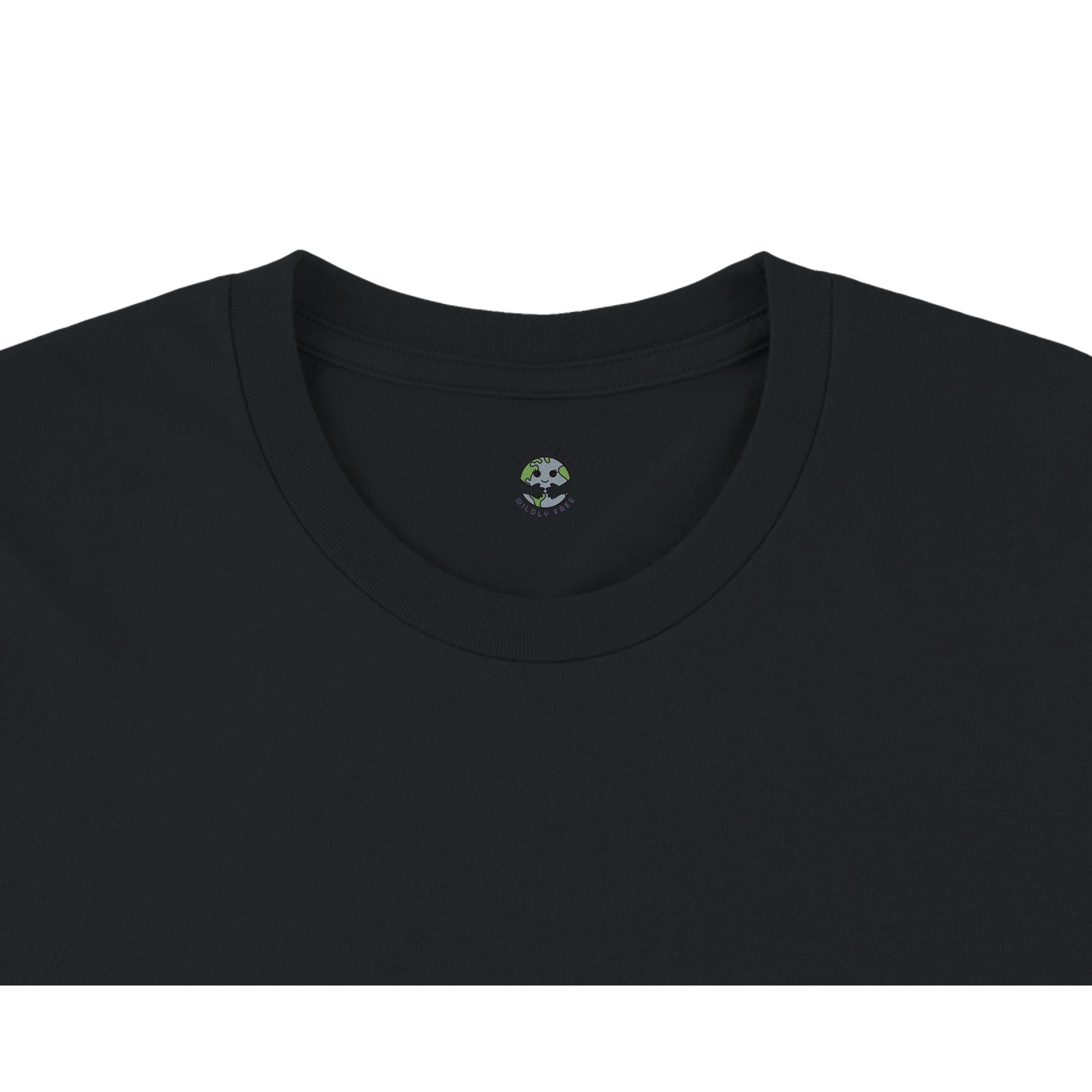 Black t-shirt with an EcoJTees logo on the collar against a white background