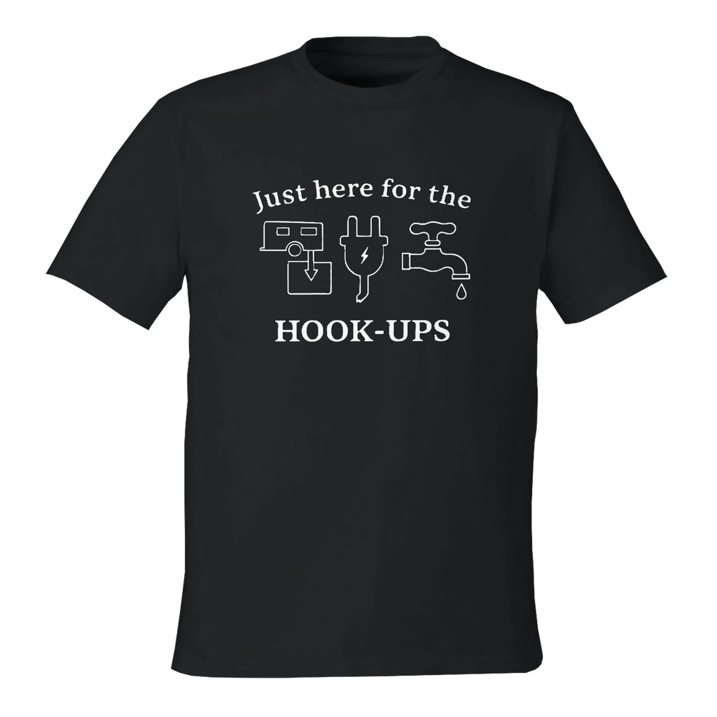 Front view of black eco-friendly t-shirt with RV-themed graphic reading 'Just Here for the HOOK-UPS'