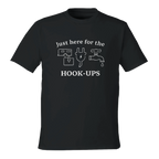 Front view of black eco-friendly t-shirt with RV-themed graphic reading 'Just Here for the HOOK-UPS'