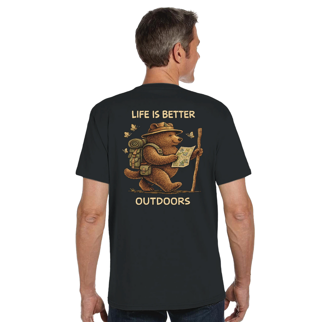 Man wearing a black Life is Better Outdoors t-shirt with a bear graphic and text on the back, on a white background