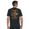 Man wearing a black Life is Better Outdoors t-shirt with a bear graphic and text on the back, on a white background