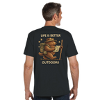 Man wearing a black Life is Better Outdoors t-shirt with a bear graphic and text on the back, on a white background
