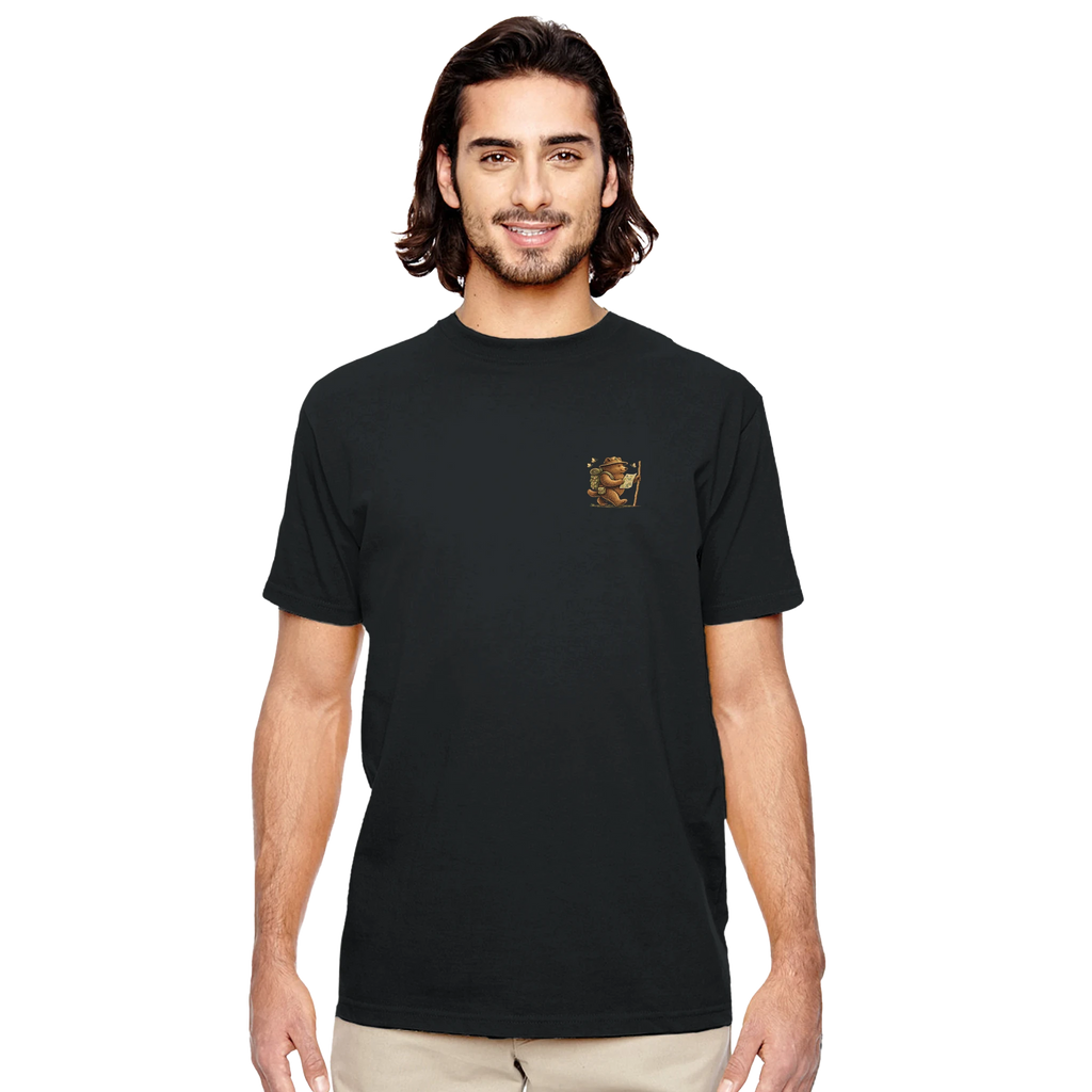 Man wearing a black Life is Better Outdoors t-shirt with a logo on a white background