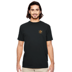 Man wearing a black Life is Better Outdoors t-shirt with a logo on a white background