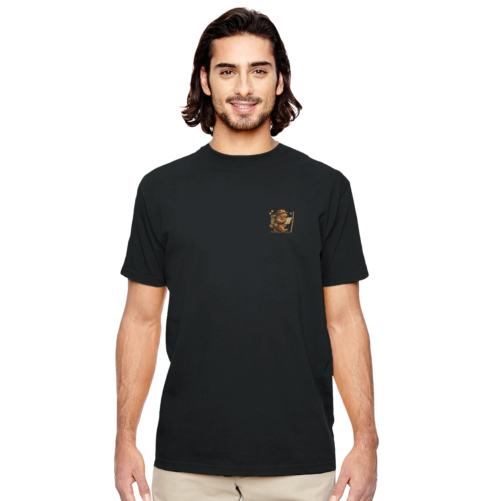 Man wearing a black Life is Better Outdoors t-shirt with a logo on a white background