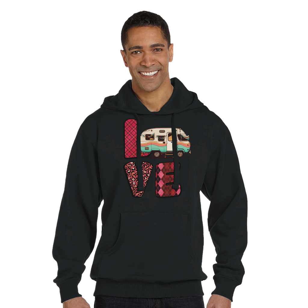 Man wearing a black hoodie from the Love Collection with a colorful design on a white background