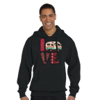 Man wearing a black hoodie from the Love Collection with a colorful design on a white background
